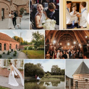 Montage photos Mariage au Domaine de la Traxène avec réception, espaces extérieurs, salle de caractère, préparation des mariés et séance photo dans un cadre d’exception.